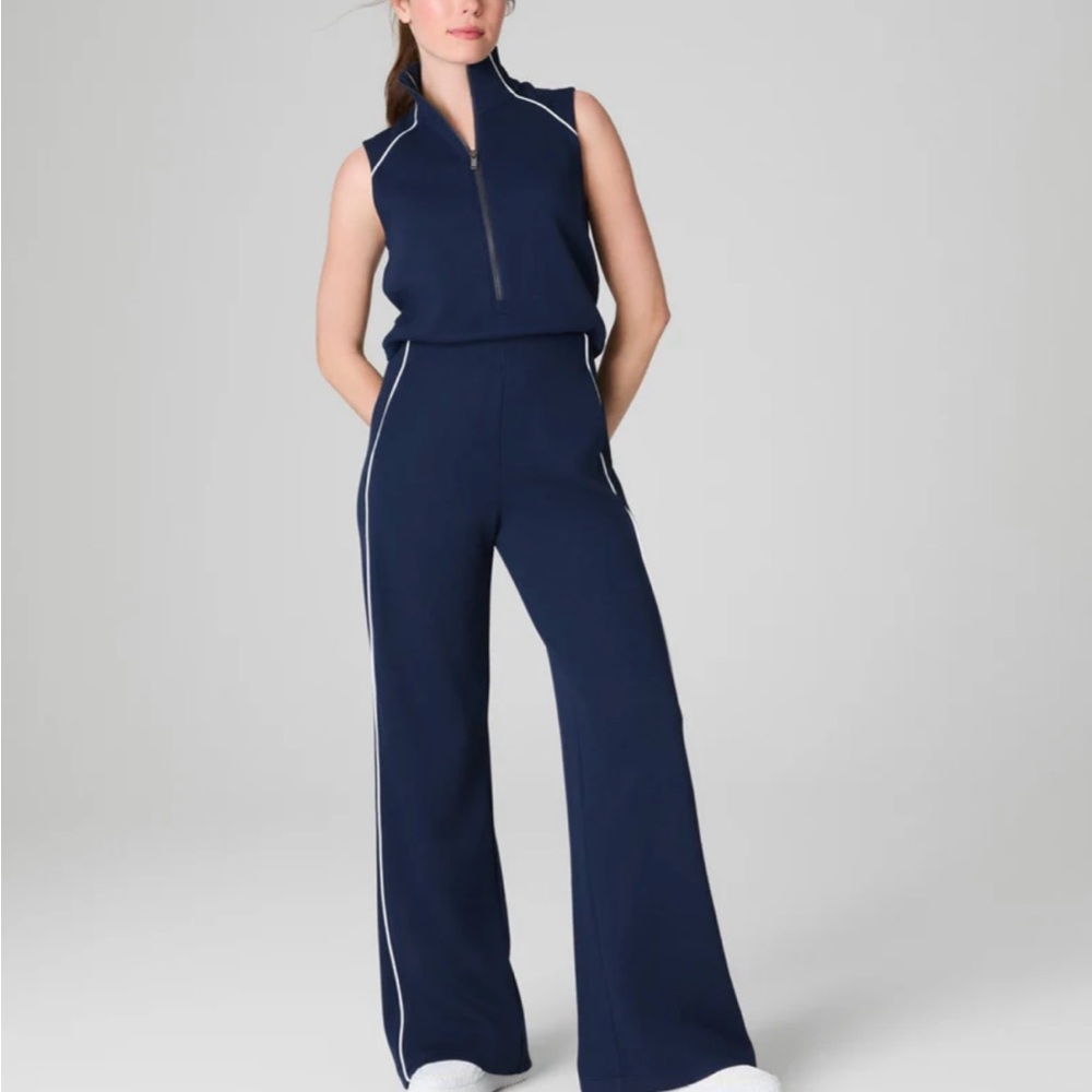 SPANX Navy Sleeveless Zip-Front Jumpsuit with Side Piping